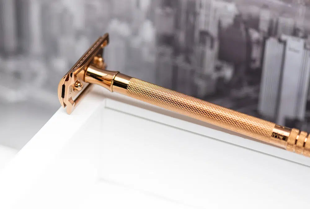 Safety razor on branded background